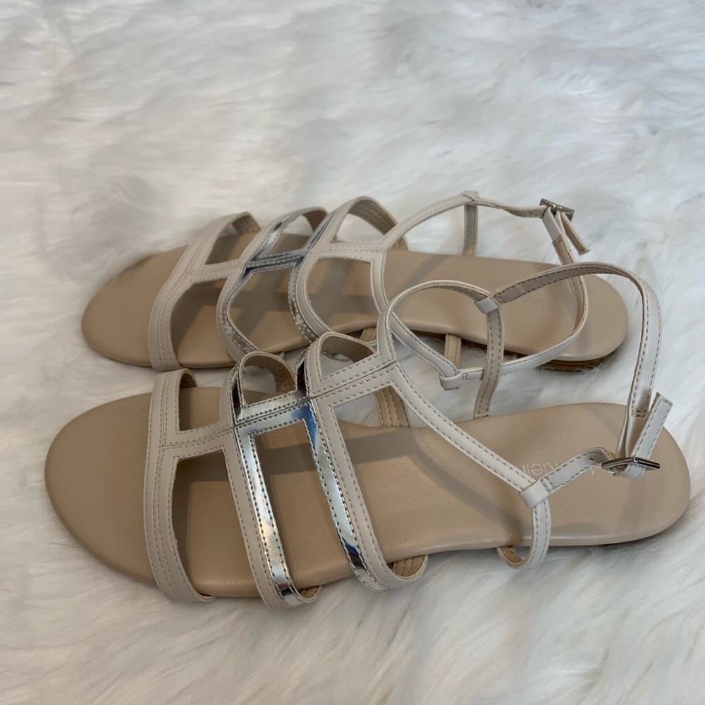 NWOT Calvin Klein Tan & Silver Strappy Sandals - Picture 2 of 3